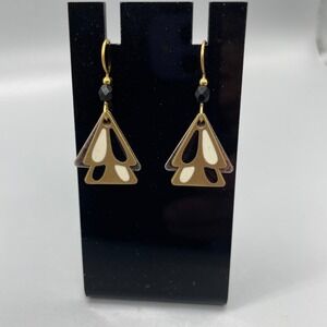 Geometric Enamel Drop Earrings Brass Silver Tone Black White Arrowhead Dangle